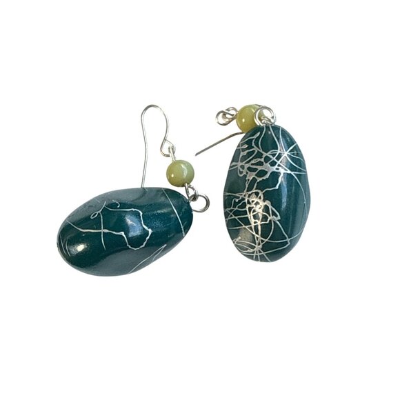 Handmade Green Oval Dangle Earrings with Yellow Beads and Abstract White Lines - Picture 2 of 5